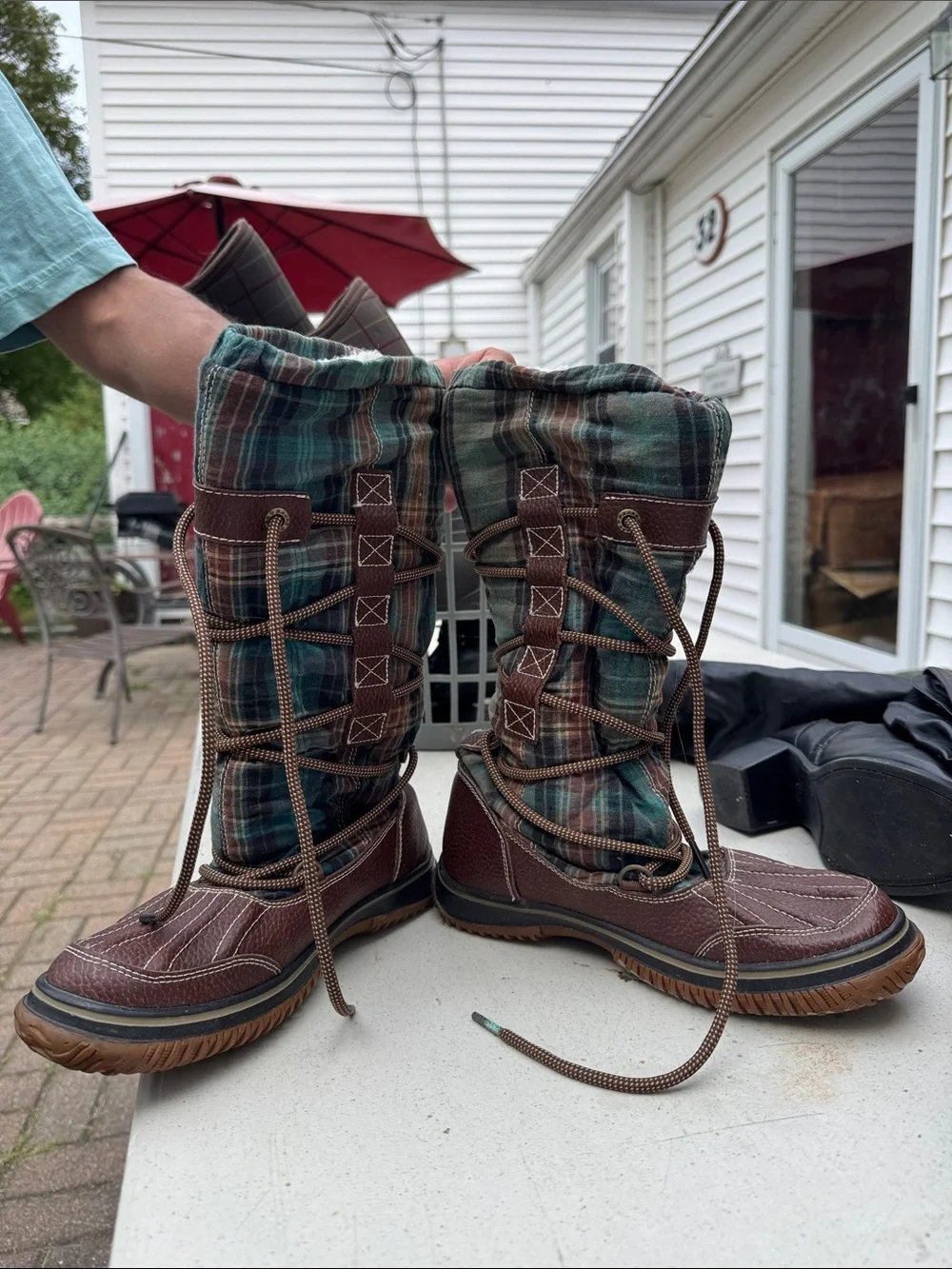 Pajar Brown Leather & Green Plaid womens Rain & Snow Boots